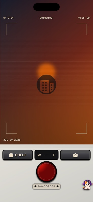 Pawcorder camera screen with VHS date stamp and physical recording controls